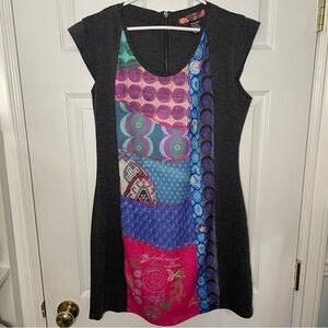 Desigual Printed Vibrant Patchwork Grey Mini Dress Large